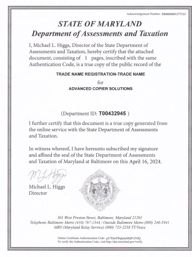 State of Maryland trade name registration, Advanced Copier Solutions